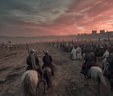 Saladin dismounts before a line of bound Crusader nobles in woolen cloaks