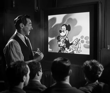 Walt Disney presenting an animation reel to a group of producers in a small screening room