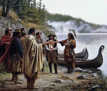 Lewis and Clark’s team interacting with local Chinook tribes