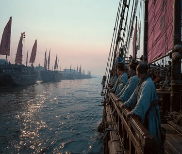 East China Sea, Sunset 1405: Reflection at Sea Golden-hour light glints off a line of 120-meter ship