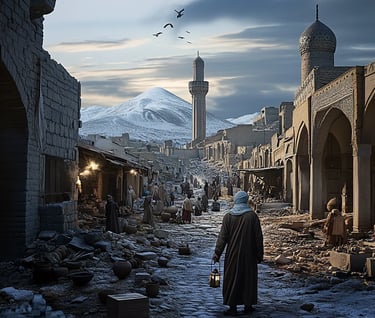 Shamakhi 1667 ruins at dusk with survivors amid collapsed architecture.