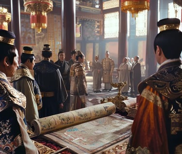  Song officials in flowing silk robes presenting the signed treaty to Emperor Gaozong
