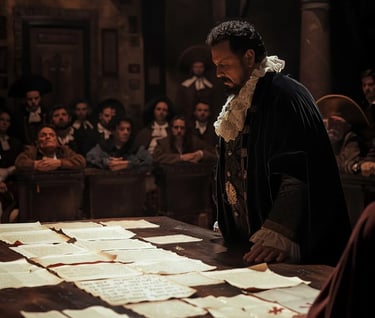 Gil Pérez standing before an inquisitor’s tribunal