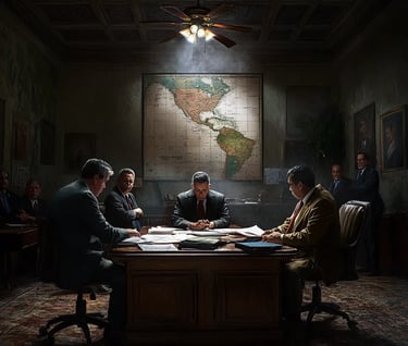 Interior of a dimly lit government office, Zelaya seated at a desk, hands clasped 
