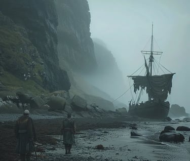 a lone, damaged Spanish vessel washing ashore on a desolate Irish beach