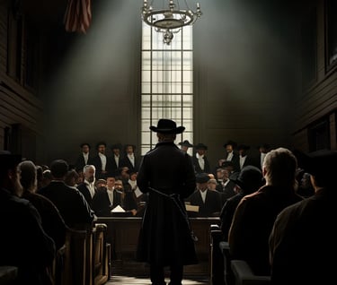 Kentucky Courthouse, 1851 – Mid-range shot of Fairbank standing in a dimly lit courtroom