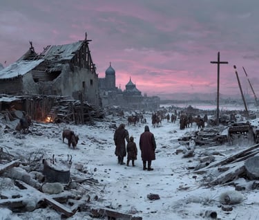 Kyiv: broken wall fragments, charred wooden roofs, and ruined onion-domed churches lie half-buried