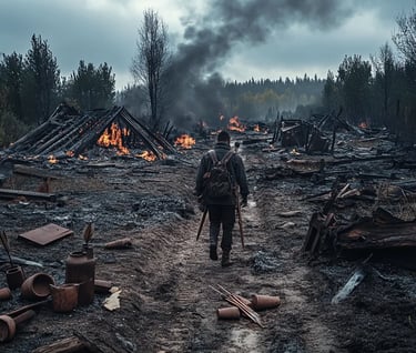 Late afternoon, smoldering remains of Fowltown under cloudy skies