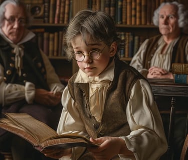 young boy in a colonial vest and breeches eagerly flipping through the pages of a borrowed book