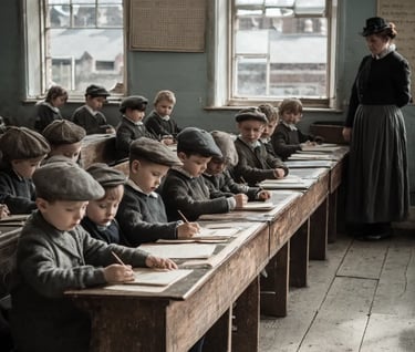 Liverpool classroom early 1871, rows of wooden desks and slate boards fill a bright room