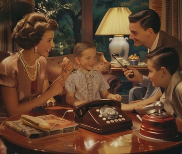 Living Room, 1951 – Mid-range shot of a family gathered around a mid-century coffee table