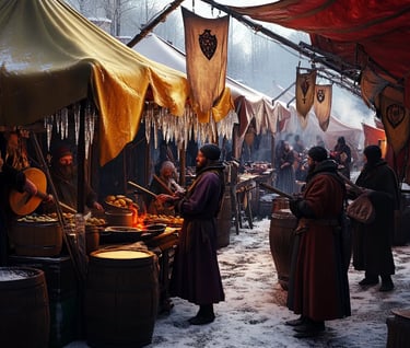 frost fair on River Thames, market tents, music, winter sunlight.