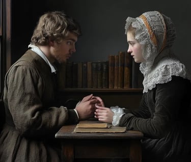 a quiet meeting room in 1650 where potential marriage candidates, a young man in a woolen doublet an