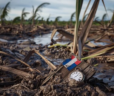 shattered oak table amidst flattened sugarcane fields, a French flag tangled in storm debris