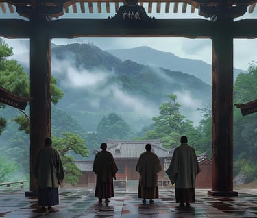Nichiren standing before a gathering of monks, holding the completed Dai-Gohonzon aloft