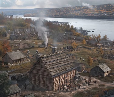 the completed Hôtel-Dieu surrounded by settlers and indigenous allies