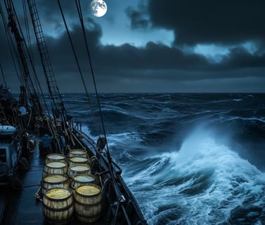 Moonlit Atlantic waves rolling endlessly under cloud-streaked night sky