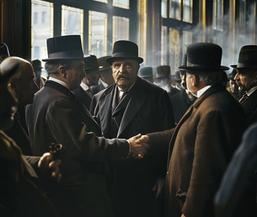 exhausted bankers shaking hands as the crisis is resolved
