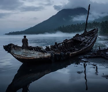 Morning light revealing wreckage of charred planks and scorched sails floating across