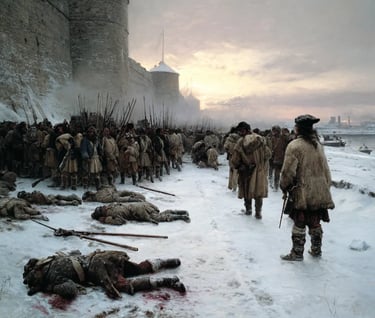 quieted—ragged Swedish troops in blood-streaked coats gather prisoners in ragged Russian uniforms