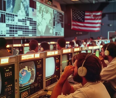 NASA engineers leaning over their monitors, watching a live feed of Sullivan’s spacewalk