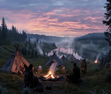 Native camp at twilight, tents and fire pits being packed up, families preparing to return