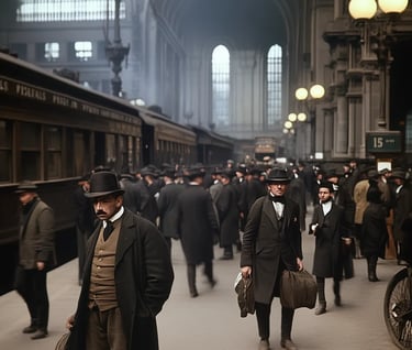 November 1910 Manhattan, travelers hustle to board electric-lighted platforms