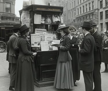 New York street corner with a newspaper stand in 1904. People in formal suits and wide hats gather, 