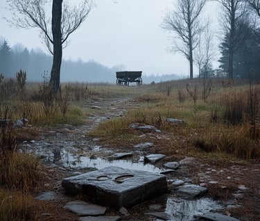 once-inhabited farmland lying quiet, cracked hearthstones, broken pottery shards near collapsed dwel