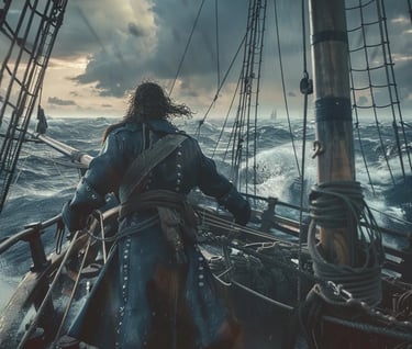 f Cassard standing triumphantly at the helm of his ship