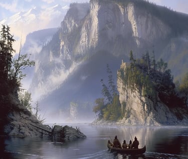 ur trappers navigating a canoe down the Columbia River, now divided by the U.S.-Canada borderb