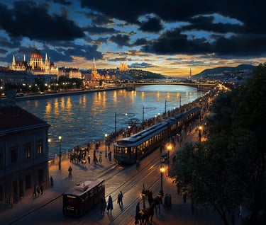 panoramic view of the Danube at sunset, rooftops of Buda and Pest glowing orange and gold