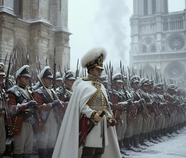 Paris, 1804, afternoon outside Notre-Dame: the new emperor emerges beneath Gothic portals