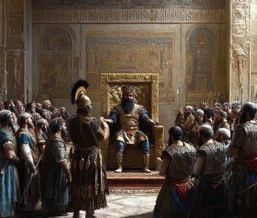 Darius I, now seated on a grand golden throne, addresses his advisors and military commanders.