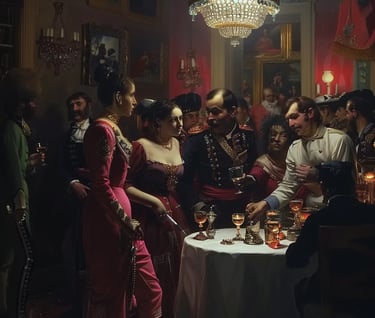 French officers toasting with glasses of brandy in a dimly lit salon