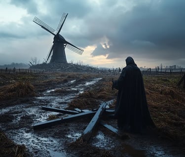 quiet aftermath in flattened farmland, broken fence posts poking from muddy fields