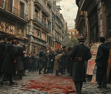 bloodstained cobblestones outside Madrid bookstore, Canalejas