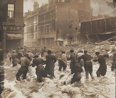 Londoners in 19th-century attire forming a human chain to pull a child from the swirling floodwaters