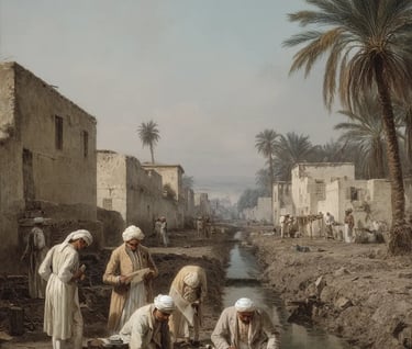 French savants in high-collared coats and simple waistcoats unroll papyrus manuscripts