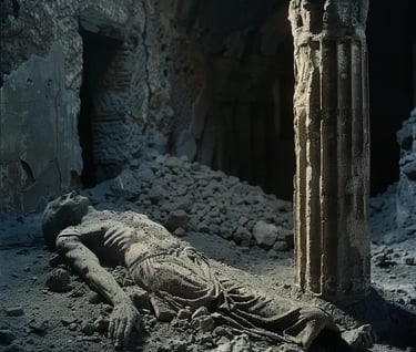 petrified body encased in volcanic ash, its position frozen in time