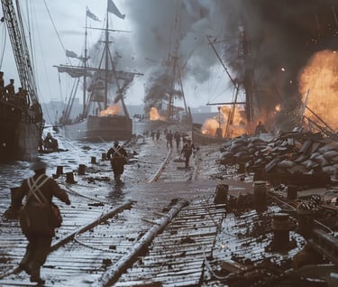 Russian dock workers running for cover as Turkish shells rain down on the harbour