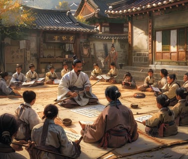 group of commoners learning to read Hangul for the first time