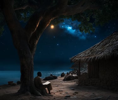 Amistad survivor reflects quietly by ocean in Sierra Leone, 1841.