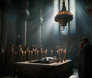 somber royal chapel, body of the prince resting on an embroidered cloth surrounded by tall burning c