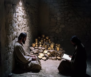 stone chamber dimly lit by torchlight, piles of gleaming gold artifacts stacked in the background 
