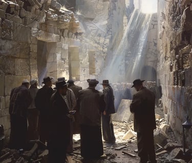 rabbis gathered outside a half-collapsed synagogue