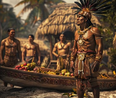 aino chief standing, adorned in intricate gold ornaments and woven cotton robes
