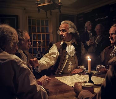colonial leaders gathered around a wooden table inside a candlelit tavern