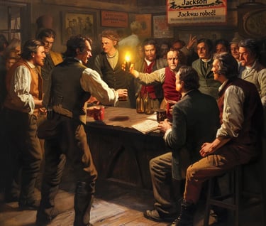 men in waistcoats gathered around a wooden bar, heatedly debating the election outcome