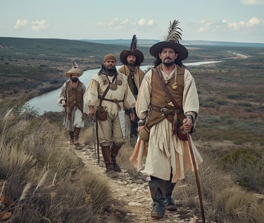 Cabeza de Vaca and three Spanish survivors walking through a vast Texan landscape